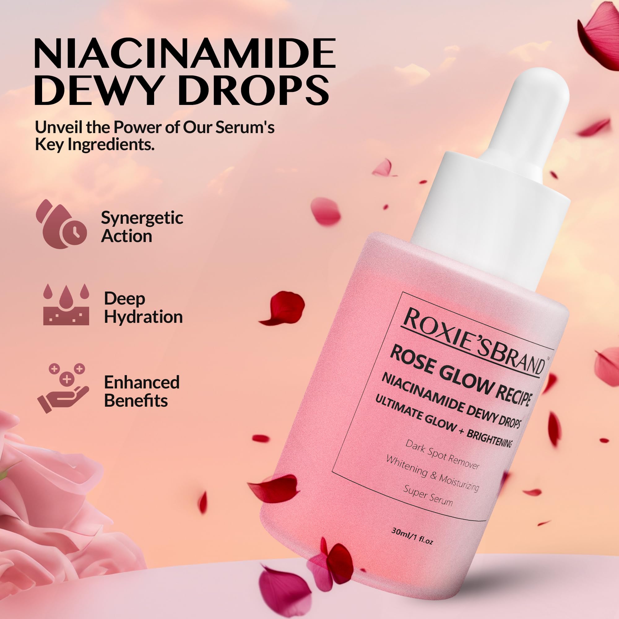 ROXIE'SBRAND Niacinamide Serum: 10% Niacinamide, 4% Tranexamic Acid, 2% Arbutin, 2% Vitamin C, Hyaluronic Acid, Vitamin B12, Ceramides, Natural Rose Scent (30ml /1.01 fl. oz.)
